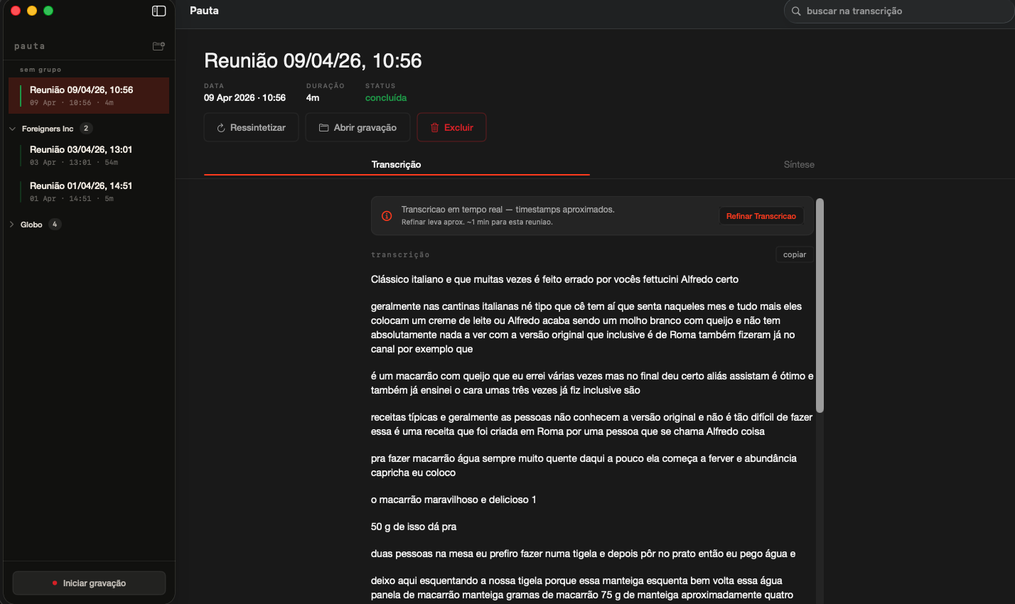 Resultado da transcrição no Pauta